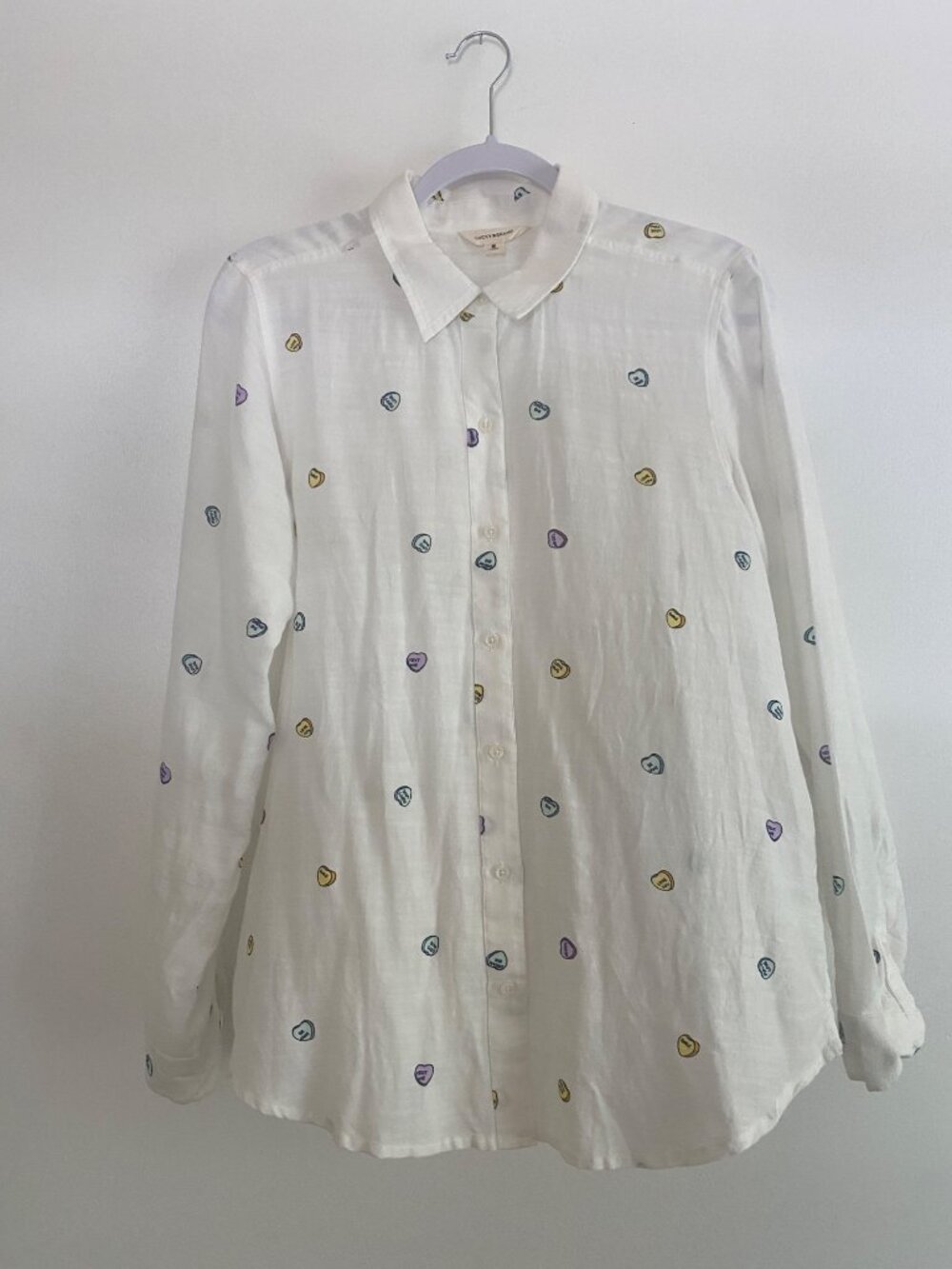 Lucky Brand White Button-Up Shirt W/ Multicolor Heart Print Size M